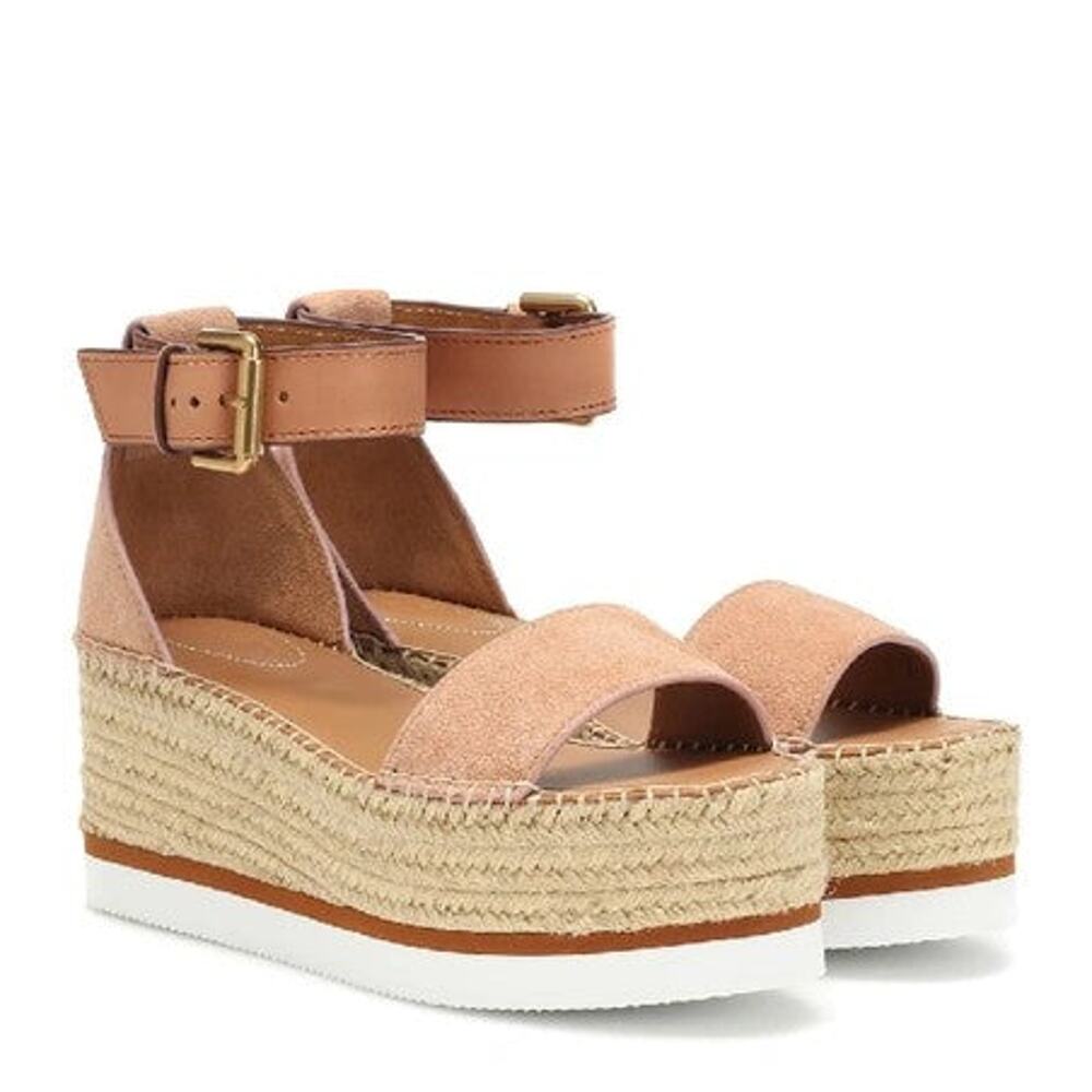 See By Chlo Glyn Anklestrap Platform Wedge Sandals Dark Pink Suede - 8